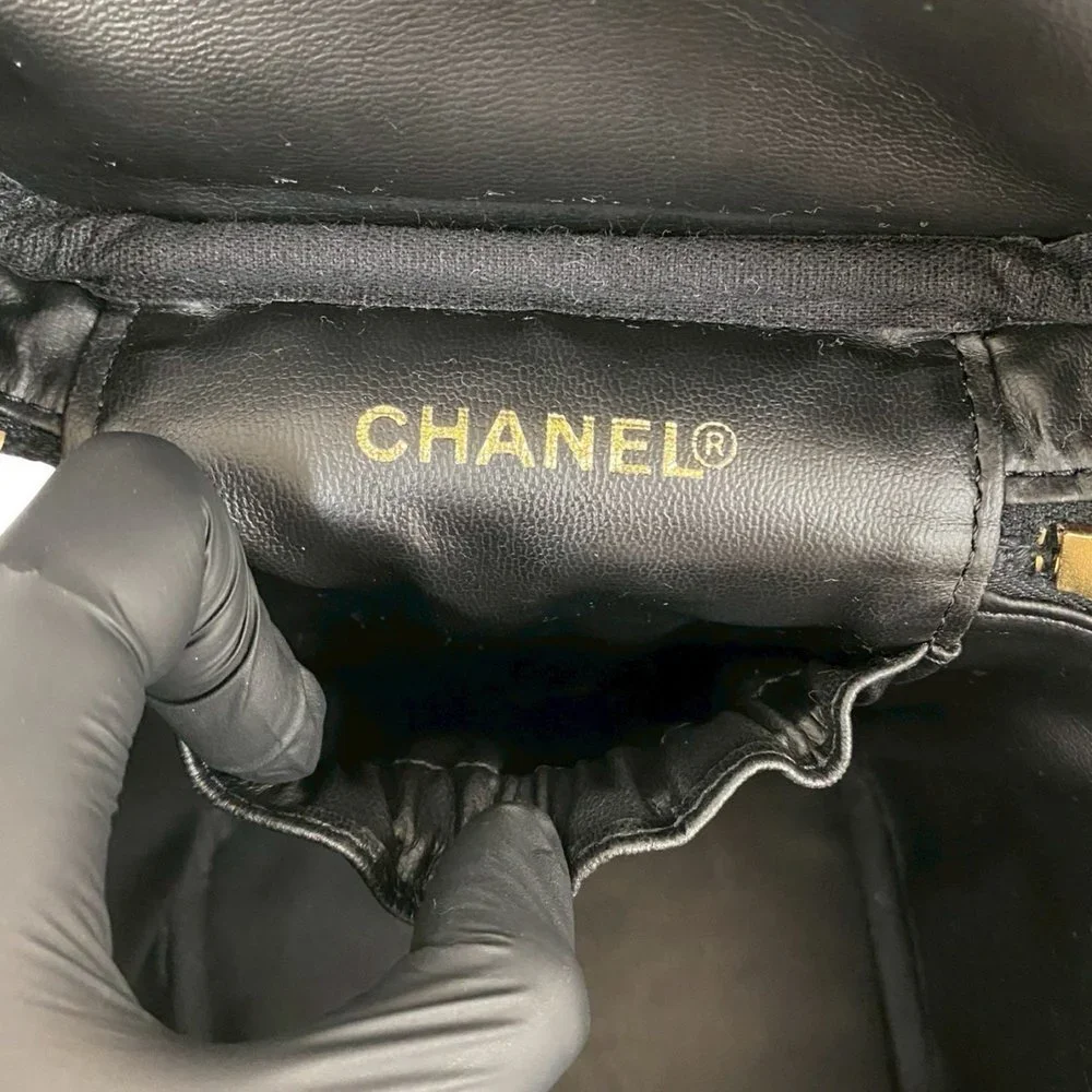 CHANEL Black Caviar Leather Logo Vanity Bag